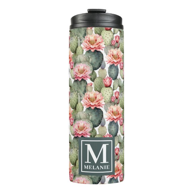 Bouteilles Isothermes Cactus Motif Fleurs roses Monogramme (Devant)
