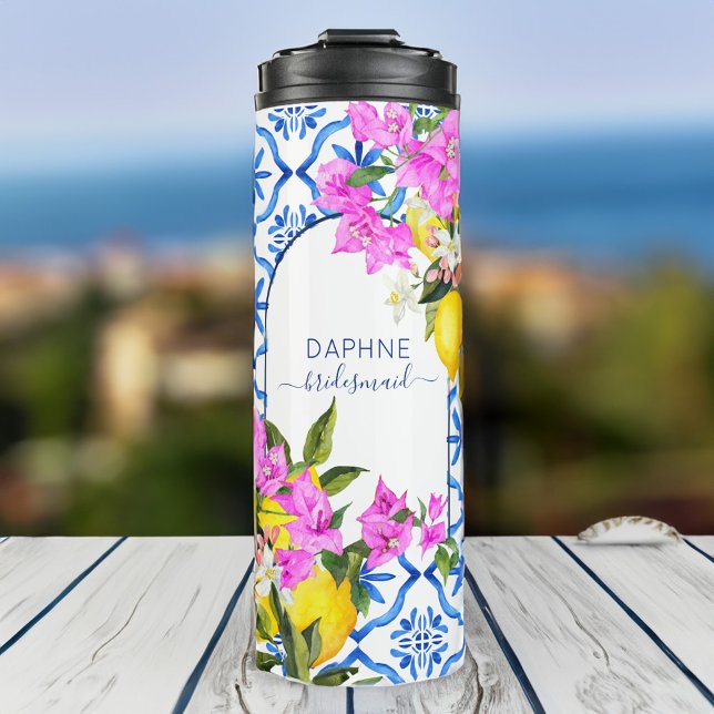 Bouteilles Isothermes Cadeaux de femme de chambre bleu carreaux bougainv (Bridesmaid gifts blue tiles bougainvilleas custom thermal tumbler)