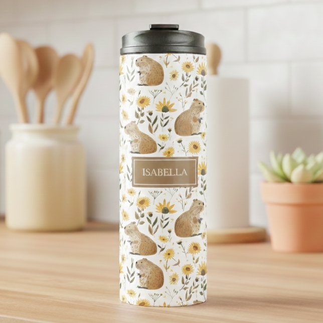 Bouteilles Isothermes Capybara Mignon (cute capybara floral sunflowers thermal tumbler, personalized gift for girls,custom gift for runners)