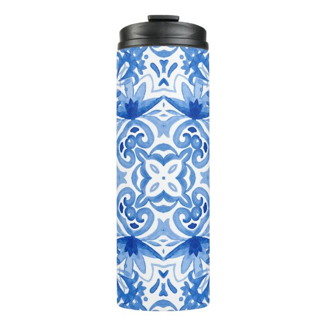 Bouteilles Isothermes Carrelage blanc bleu, motif aquarelle sans couture (Devant)