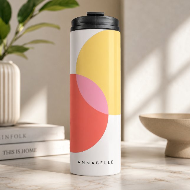 Bouteilles Isothermes Cercles Abstraits Modernes Rouge Jaune Rose Minima (Custom name thermal tumbler with colorful abstract circles for coffee, travel, and gifting.)