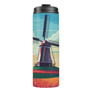 Bouteilles Isothermes Champ de tulipes avec moulin à vent Pays-Bas Illus