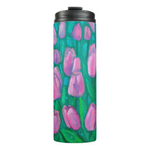 Bouteilles Isothermes Champ de tulipes roses, Fleurs de printemps peintu