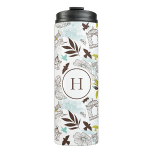 Bouteilles Isothermes Chartreuse Bleue Oiseaux Motif Floral Monogramme