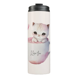 Bouteilles Isothermes Chat blanc-rose mignonne dans une tasse de thé (4)