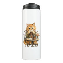 Chat Fluffy Mignon Buvant du Café Aquarelle Vintag