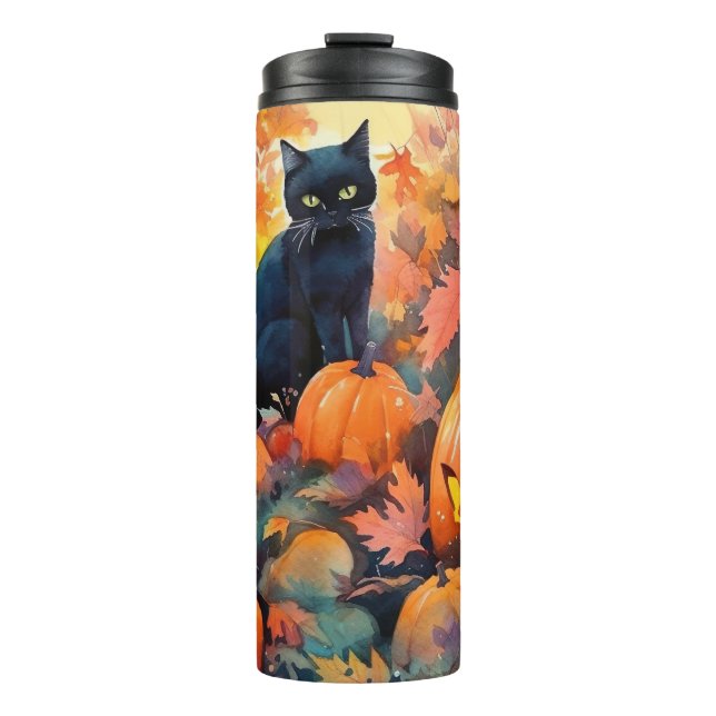 Bouteilles Isothermes Chat noir d'Halloween avec citrouilles effrayant (Devant)