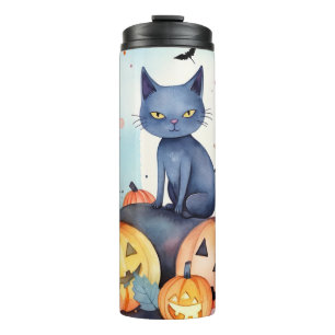 Bouteilles Isothermes Chat Oriental Bleu d'Halloween avec des citrouille