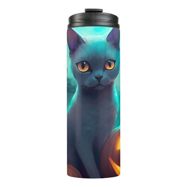 Bouteilles Isothermes Chat Russe Bleu Halloween avec citrouilles effraya (Devant)