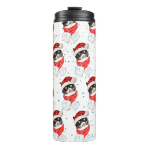 Bouteilles Isothermes Chat tricolore Noël aquarelle avec écharpe