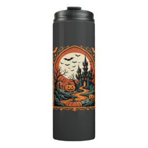 Bouteilles Isothermes Château Hanté Halloween Citrouille Lune Vector Art