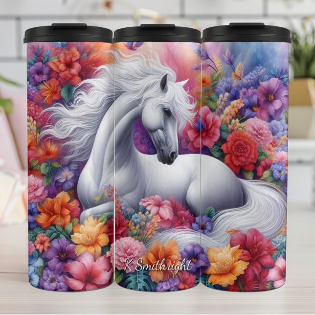 Bouteilles Isothermes Cheval Blanc Floral Enchanté Rêve (Créateur téléchargé)