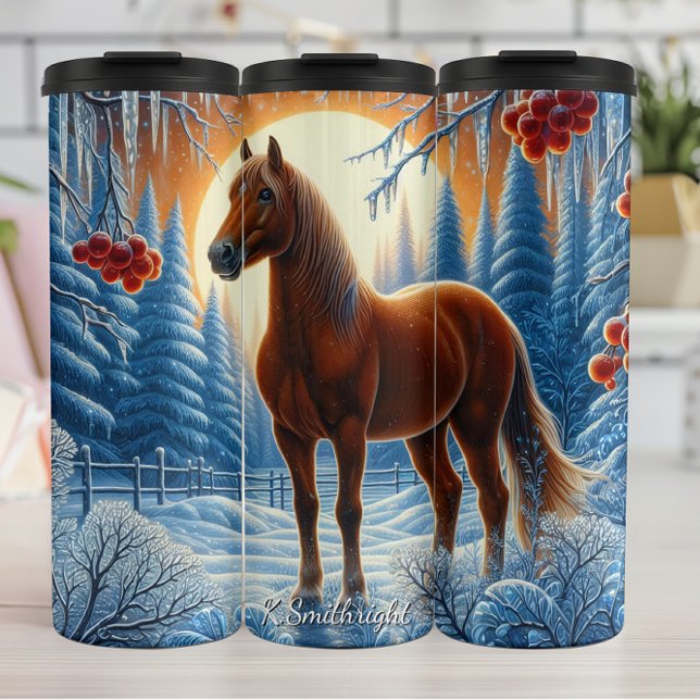 Bouteilles Isothermes Cheval d'hiver Forêt enneigée Coucher de soleil (Créateur téléchargé)