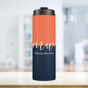 Bouteilles Isothermes Chic Bleu foncé & Orange Minimaliste Script Monogr