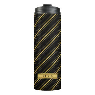 Bouteilles Isothermes Chic Elegant Black and Faux Gold Stripes Monogramm