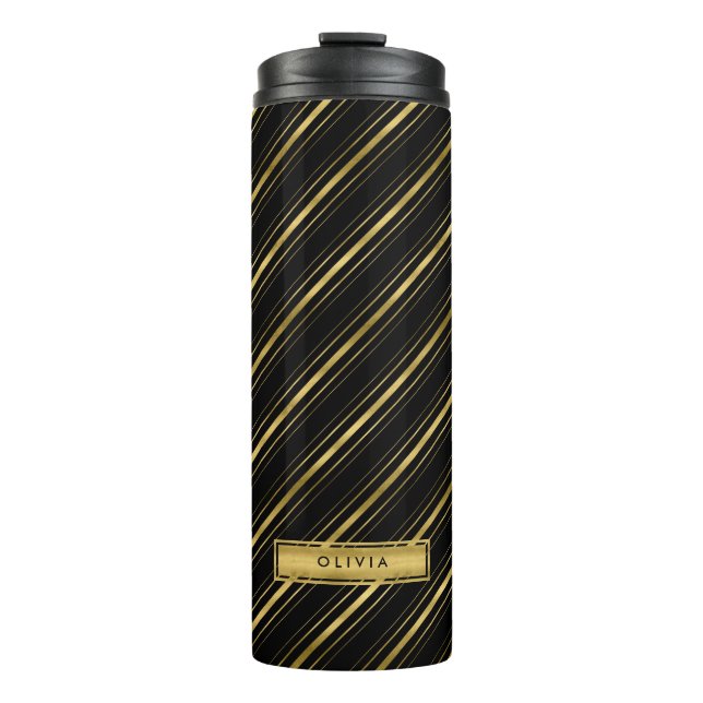Bouteilles Isothermes Chic Elegant Black and Faux Gold Stripes Monogramm (Devant)