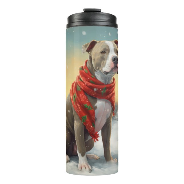 Bouteilles Isothermes Chien Pitbull dans la neige de Noël (Devant)