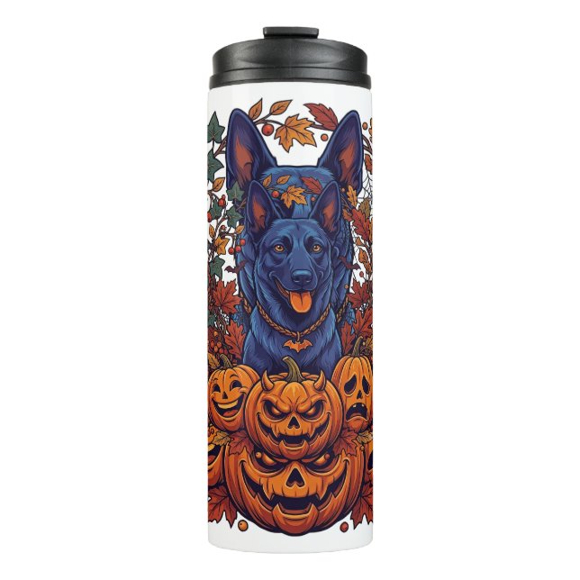 Bouteilles Isothermes Chiens Pitbull Bleus Citrouilles Halloween Feuille (Devant)
