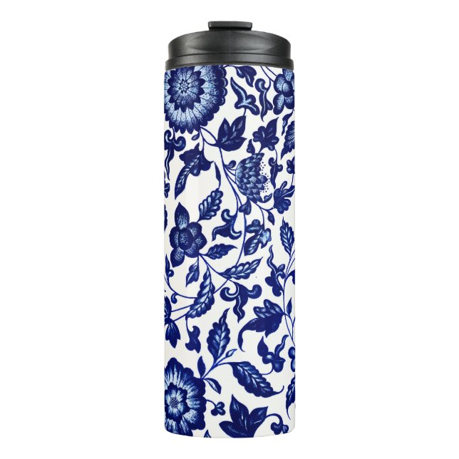 Bouteilles Isothermes Chinois bleu marine foncé motif floral sur blanc (Devant)