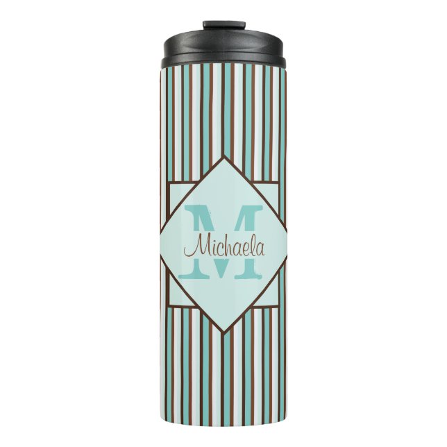 Bouteilles Isothermes Chocolat Brown et pinte vert rayures Monogramme (Devant)