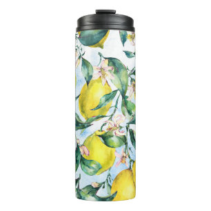 Bouteilles Isothermes citrons d'aquarelle, branche d'agrumes frais.