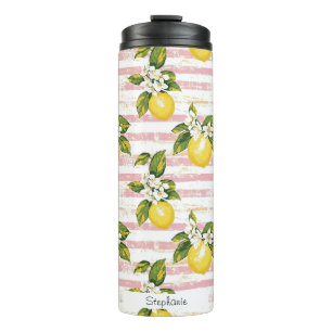 Bouteilles Isothermes Citrons et fleurs vintages sur bandes rose et blan