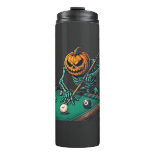 Bouteilles Isothermes Citrouille d'Halloween squelette jouant au billard