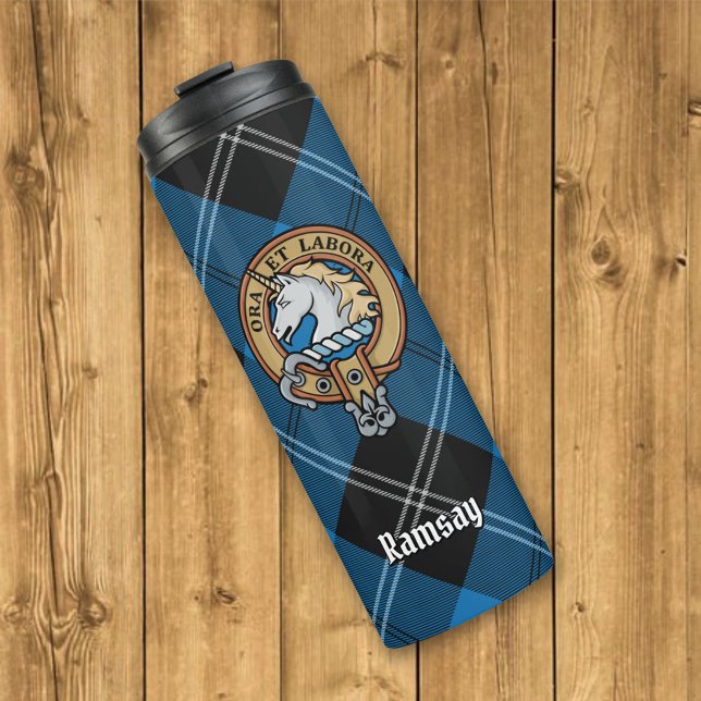 Bouteilles Isothermes Clan Ramsay Crest sur Blue Hunter Tartan (Créateur téléchargé)