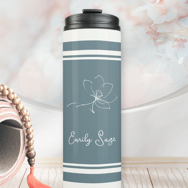 Bouteilles Isothermes Coastal Blue Ivory Floral Line Art Striped (Minimalist Floral Line Art Zen Coastal Blue Ivory Thermal Tumbler ©Sachers - Sunny Wanderlust 🌞✈️)