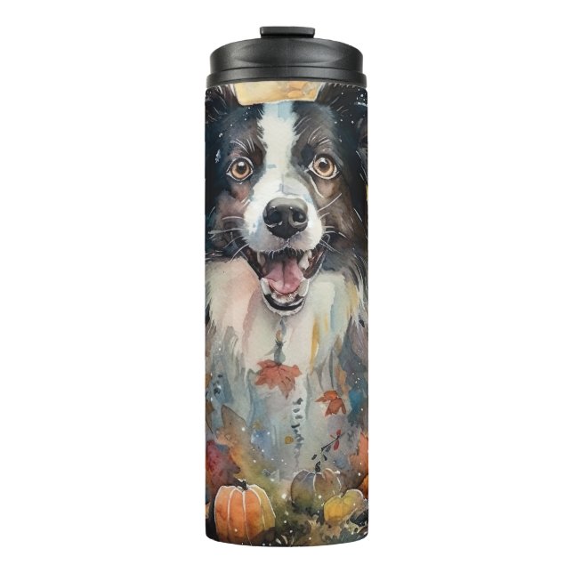 Bouteilles Isothermes Collie frontalier d'Halloween avec effroi Citrouil (Devant)