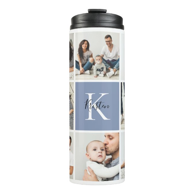Bouteilles Isothermes Colorblock Monogramme Famille Photo Collage | Bleu (Devant)
