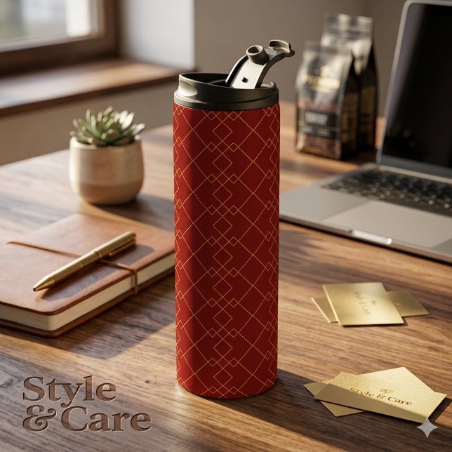Bouteilles Isothermes Conception de boîte géométrique dorée élégante Rou (Stylish Gold Geometric Box Design Deep Red Thermal Tumbler)