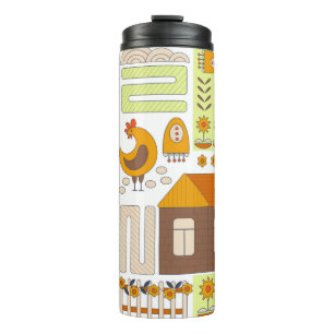 Bouteilles Isothermes Coq et deux poules, oeufs, fleurs, maison, drawin