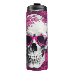 Bouteilles Isothermes Crâne 3D avec design floral fuchsia & lunettes de