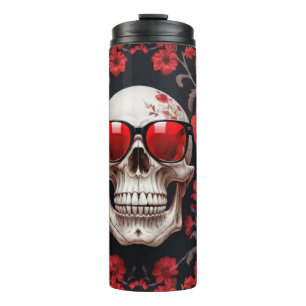 Bouteilles Isothermes Crâne 3D avec design floral rouge et lunettes de s