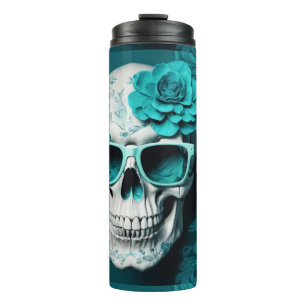 Bouteilles Isothermes Crâne 3D avec design floral turquoise et lunettes