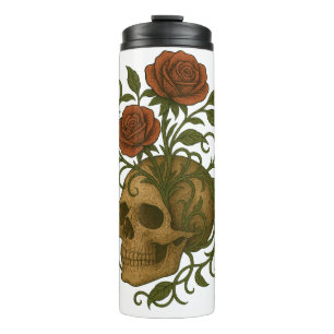 Bouteilles Isothermes Crâne Botanique Vintage avec Roses Rouges Art Goth