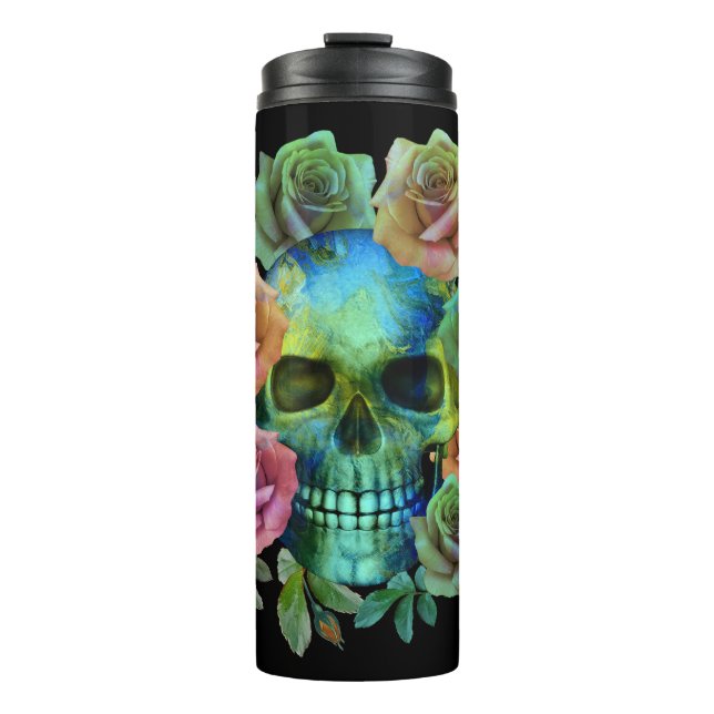 BOUTEILLES ISOTHERMES CRÂNE VERT DE LA MORT AVEC FLEURS (Devant)
