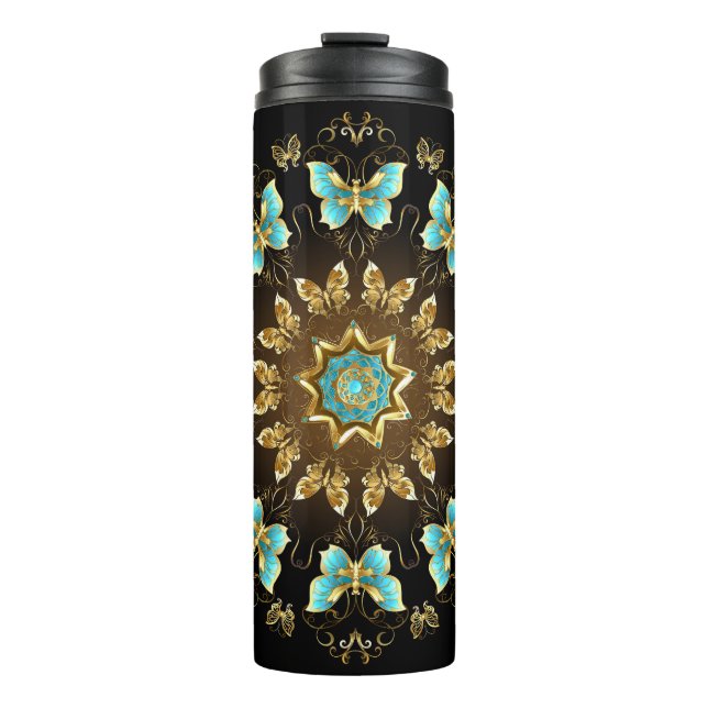 Bouteilles Isothermes Créez vos propres papillons bleu et or Mandala (Devant)