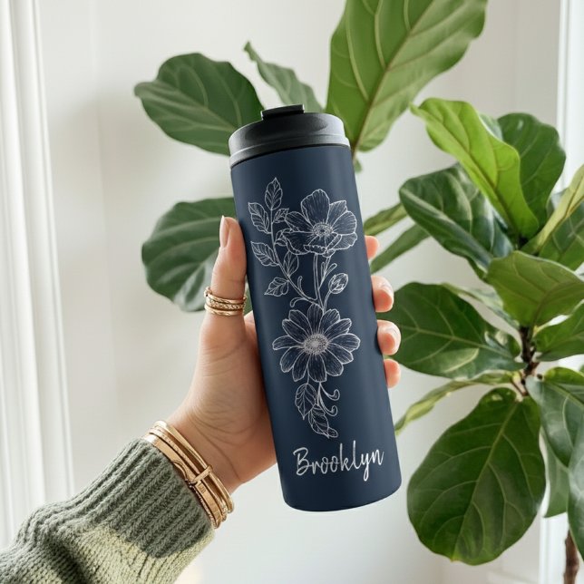 Bouteilles Isothermes Custom Blue Floral Tumbler Gift for Bridesmaids (Deep Blue Wildflower Tumbler Bridesmaid Gift for Her, Custom Floral Thermal Tumbler Gift for Women)
