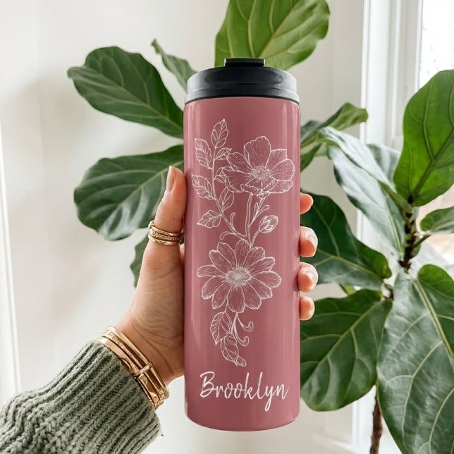 Bouteilles Isothermes Custom Pink Floral Tumbler Graduation Gift for Her (Custom Floral Tumbler Graduation Gift for Her, Elegant Rose Thermal Tumbler Christmas Gift for Mom)