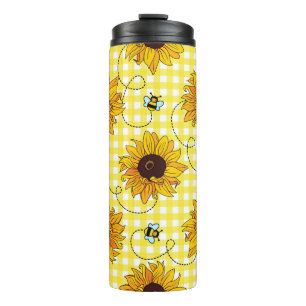 Bouteilles Isothermes Cute bees and sunflowers on a checkered background