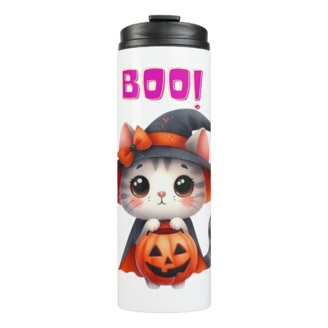 Bouteilles Isothermes Cute Halloween Chat avec Citrouille et sorcière Ca (Devant)