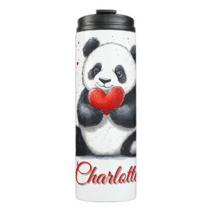 Bouteilles Isothermes Cute Panda Holding Heart avec nom personnalisable