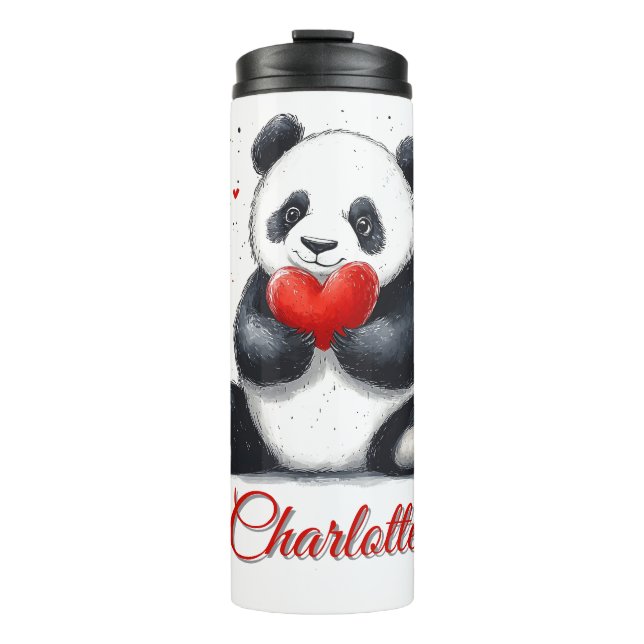 Bouteilles Isothermes Cute Panda Holding Heart avec nom personnalisable (Devant)