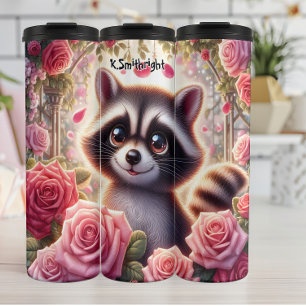 Bouteilles Isothermes Cute Raccoon dans un jardin Rose