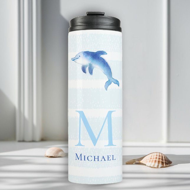 Bouteilles Isothermes Dauphin Stripes Plage de Monogram Aquarelle marine (beach house tumbler personalized monogram dolphin sea blue stripes nautical ocean grandchild oy gift)