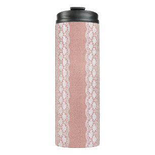 Bouteilles Isothermes Dentelle blanc cassé sur Rose métallique en tissu