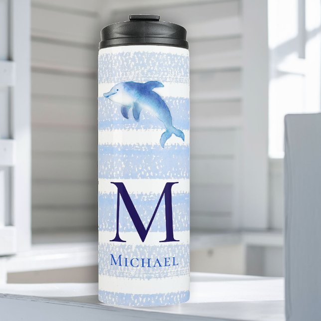 Bouteilles Isothermes Dolphin Monogramme Stripes Plage Aquarelle marine (boy tumbler personalized monogram dolphin sea blue stripes nautical ocean grandchild baby gift)