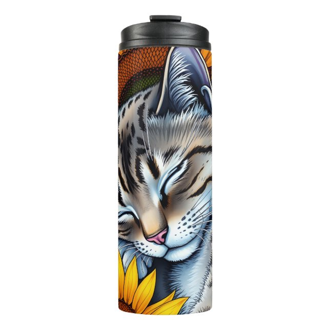 Bouteilles Isothermes Doux Chat Gris Endormi et Tournesol (Devant)